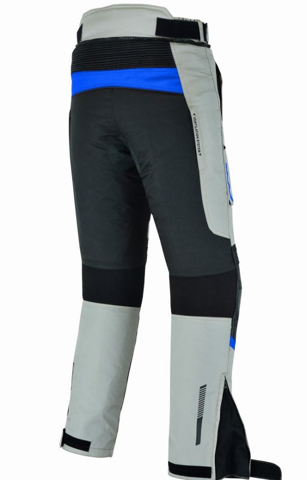 Pantalón moto hombre, cuatro estacione, invierno y verano, color gris, negro, azul, rojo, flúor. Impermeable, protecciones homologadas. Pantalón moto Kangroute Oceano en Full Gas Motor. Mejorada del Campo. Madrid