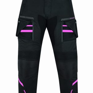 Pantalón moto mujer, chica, cuatro estaciones, invierno y verano, color negro, rosa fucsia. Impermeable, protecciones homologadas. Pantalón moto Kangroute Oceano en Full Gas Motor. Mejorada del Campo. Madrid