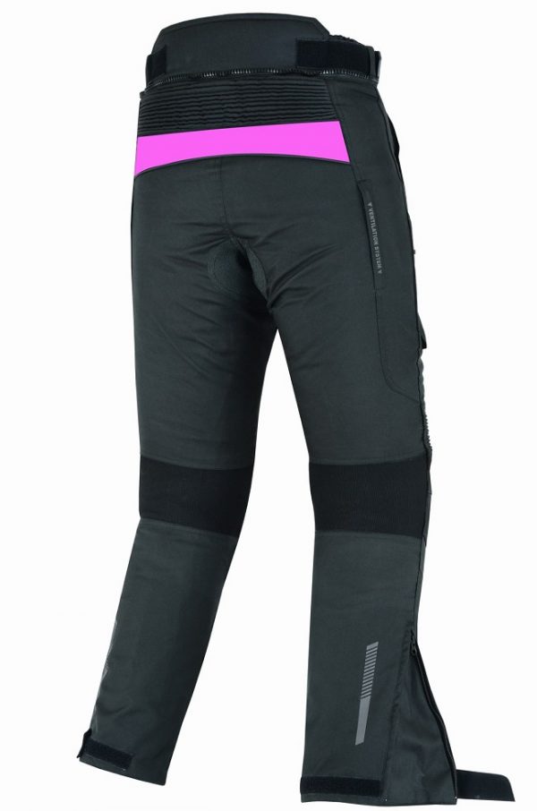 Pantalón moto mujer, chica, all season, invierno y verano, color negro, rosa fucsia. Impermeable, protecciones homologadas. Pantalón moto Kangroute Oceano en Full Gas Motor. Mejorada del Campo. Madrid