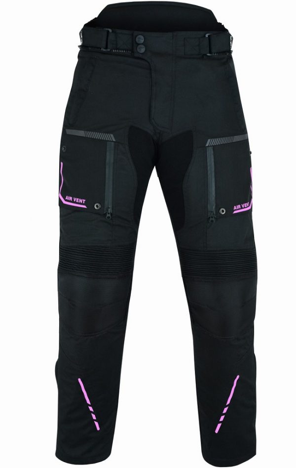 Pantalón moto mujer, chica, cuatro estaciones, invierno y verano, color negro, rosa fucsia. Impermeable, protecciones homologadas. Pantalón moto Kangroute Oceano en Full Gas Motor. Mejorada del Campo. Madrid