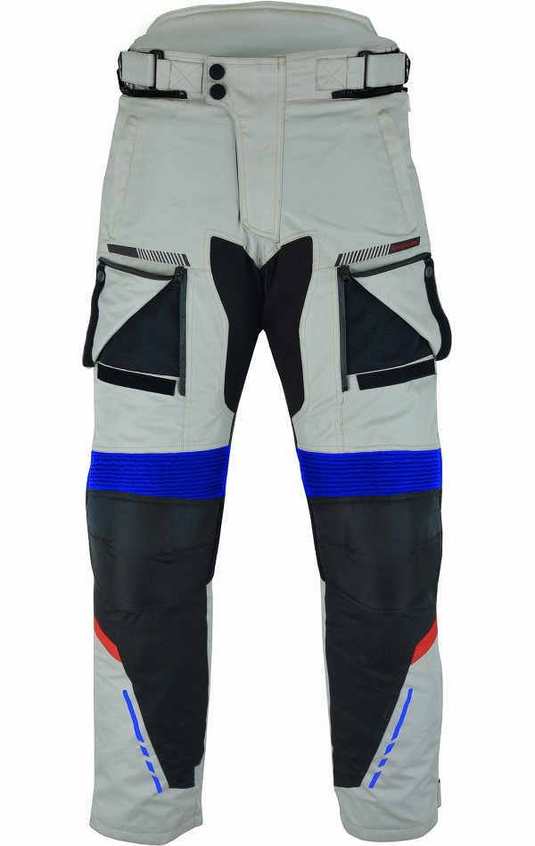 Pantalón moto hombre, cuatro estacione, invierno y verano, color gris, negro, azul, rojo, flúor. Impermeable, protecciones homologadas. Pantalón moto Kangroute Oceano en Full Gas Motor. Mejorada del Campo. Madrid