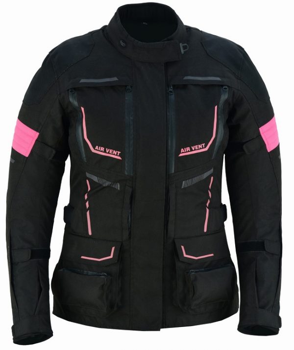 Chaqueta moto mujer invierno verano cuatro estaciones, color negro y rosa fucsia. Protecciones homologadas en hombros, codos y espalda. Forro impermeable y desmontable. Kangroute woman. Oferta en Full Gas Motor. Mejorada del Campo. Madrid