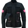 Chaqueta moto mujer invierno verano cuatro estaciones, color negro y rosa fucsia. Protecciones homologadas en hombros, codos y espalda. Forro impermeable y desmontable. Kangroute woman. Oferta en Full Gas Motor. Mejorada del Campo. Madrid