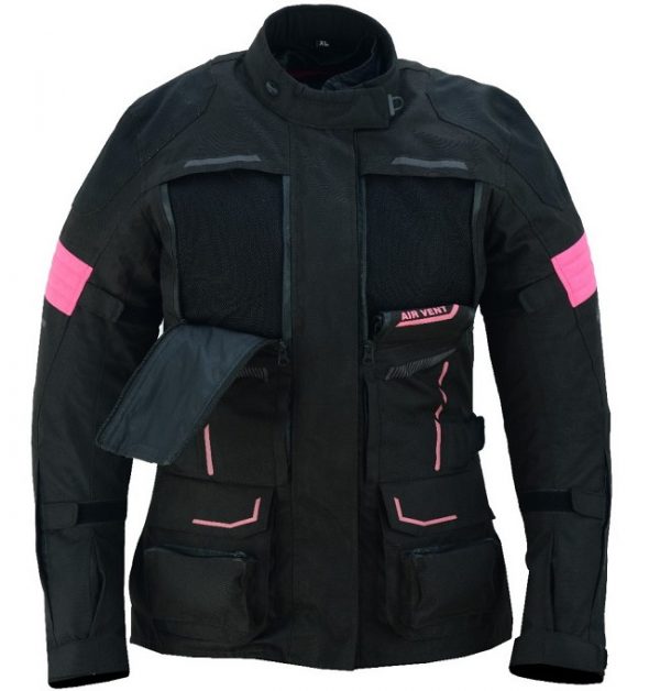 Chaqueta moto mujer invierno verano cuatro estaciones, color negro y rosa fucsia. Protecciones homologadas en hombros, codos y espalda. Forro impermeable y desmontable. Kangroute woman. Oferta en Full Gas Motor. Mejorada del Campo. Madrid