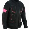 Chaqueta moto mujer invierno verano cuatro estaciones, color negro y rosa fucsia. Protecciones homologadas en hombros, codos y espalda. Forro impermeable y desmontable. Kangroute woman. Oferta en Full Gas Motor. Mejorada del Campo. Madrid
