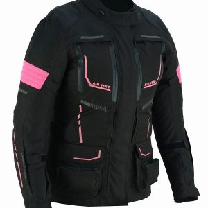 Chaqueta moto mujer invierno verano cuatro estaciones, color negro y rosa fucsia. Protecciones homologadas en hombros, codos y espalda. Forro impermeable y desmontable. Kangroute woman. Oferta en Full Gas Motor. Mejorada del Campo. Madrid