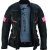 Chaqueta moto mujer invierno verano cuatro estaciones, color negro y rosa fucsia. Protecciones homologadas en hombros, codos y espalda. Forro impermeable y desmontable. Kangroute woman. Oferta en Full Gas Motor. Mejorada del Campo. Madrid