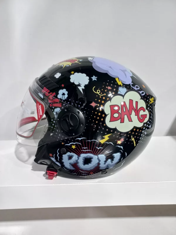 Casco moto Shiro Kioto Boom. Casco moto jet con diseño original para hombre, mujer, niño o niña. Ideal como regalo. Color negro o blanco. Tallas YM, YL, XS, X, M, L, XL