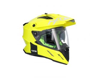 Casco moto trail amarillo flúor con gafa solar y visera. Axor Adventue X-Cross talla XL