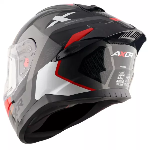 Casco moto integral Axor Saber Spark original para hombre y mujer con pinlock, color gris, rojo y blanco perla, alerón trasero. Envío gratis en España. Casco Axor al mejor precio en Full Gas Motor. Mejorada del Campo. Madrid