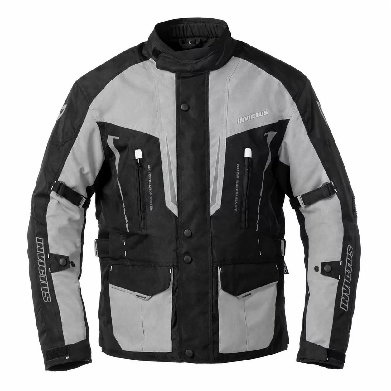 Chaqueta de moto Invictus gris y negra con diseño touring, múltiples bolsillos y protecciones. Chaqueta en oferta en Full Gas Motor. Mejorada del Campo. Madrid. Ropa de moto para Velilla de San Antonio, Coslada, San Fernando, Alcalá, Torrejón, Arganda, Rivas, Corredor del Henares....