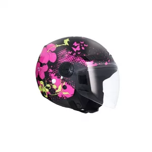 Casco jet barato para hombre, mujer, niño o niña color negro con flores rosas. Full Gas Motor Mejorada del Campo. Madrid