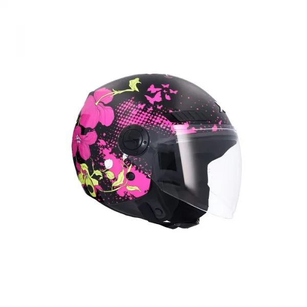 Casco jet barato para hombre, mujer, niño o niña color negro con flores rosas. Full Gas Motor Mejorada del Campo. Madrid