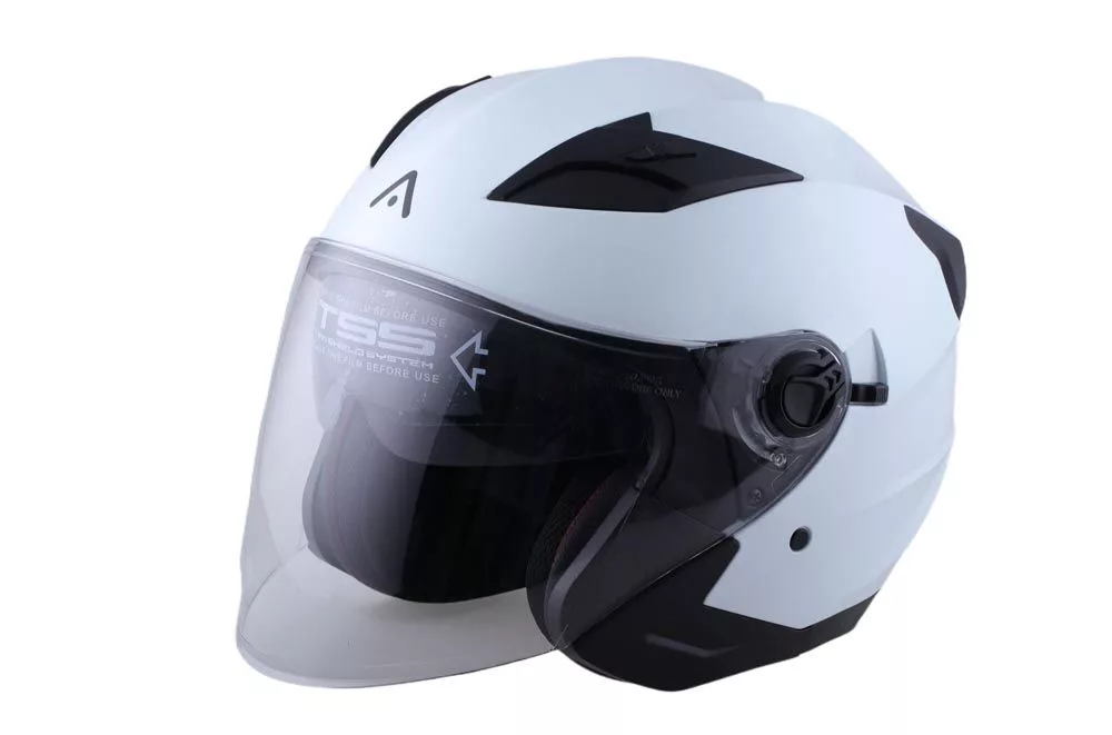 Casco moto jet barato con pantalla y gafa solar, homologado ECE 22.06 para hombre y mujer color blanco brillo. Full Gas Motor. Mejorada del Campo. Madrid