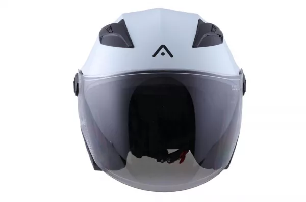 Casco moto jet barato con pantalla y gafa solar, homologado ECE 22.06 para hombre y mujer color blanco brillo. Full Gas Motor. Mejorada del Campo. Madrid