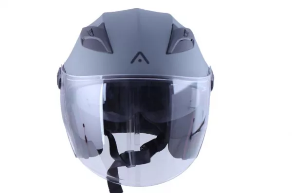 Casco moto jet barato con pantalla y gafa solar, homologado ECE 22.06 para hombre y mujer color gris mate. Full Gas Motor. Mejorada del Campo. Madrid
